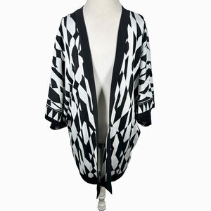 Misook Black White Geometric Acrylic Knit Kimono Cardigan Relaxed Chic Size XL